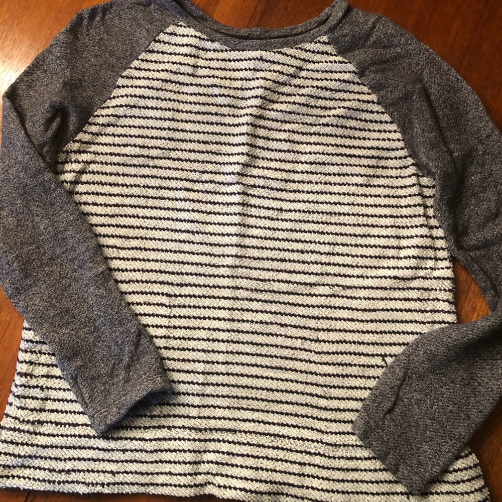 Grey, white and navy stripe sweater/sweatshirt